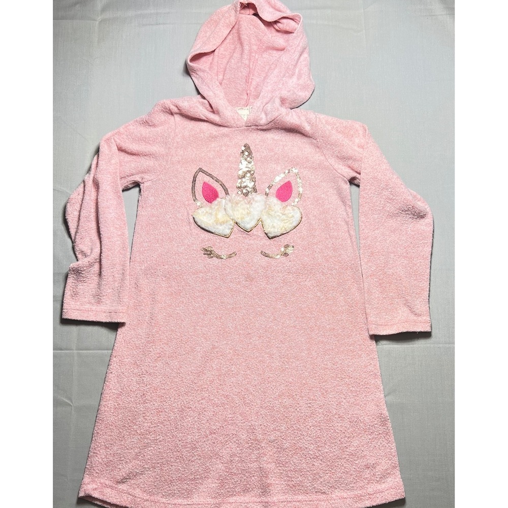 Btween Hooded Dress Unicorn Sequin Faux Fur Pink Girls Size 6